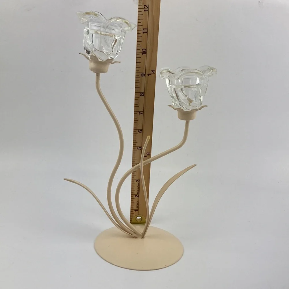 VTG Metal & Glass Floral Candle Holder 12”
